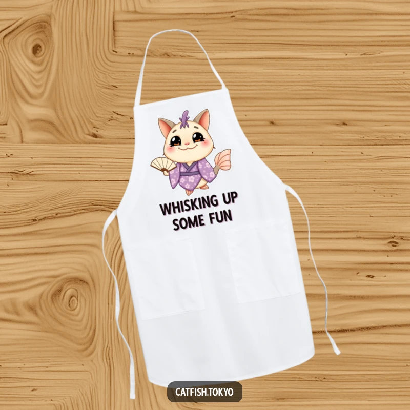 Funny Catfish Apron: A grinning catfish in a purple floral kimono holds a fan, protecting your clothes with humorous style.