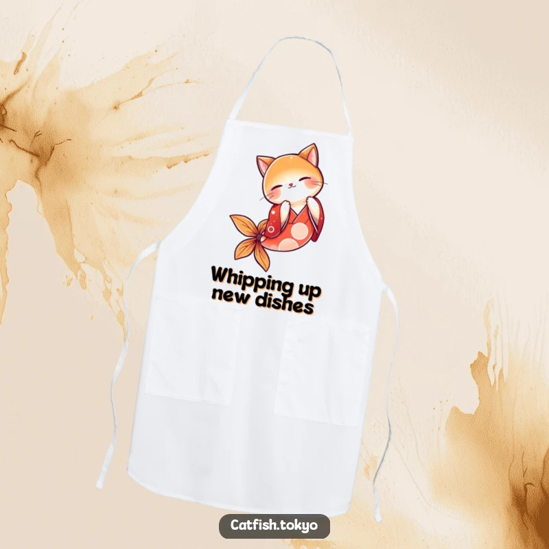 Funny Red Kimono Catfish Apron, depicted mid-bow while cooking, adding a humorous touch to kitchen attire.