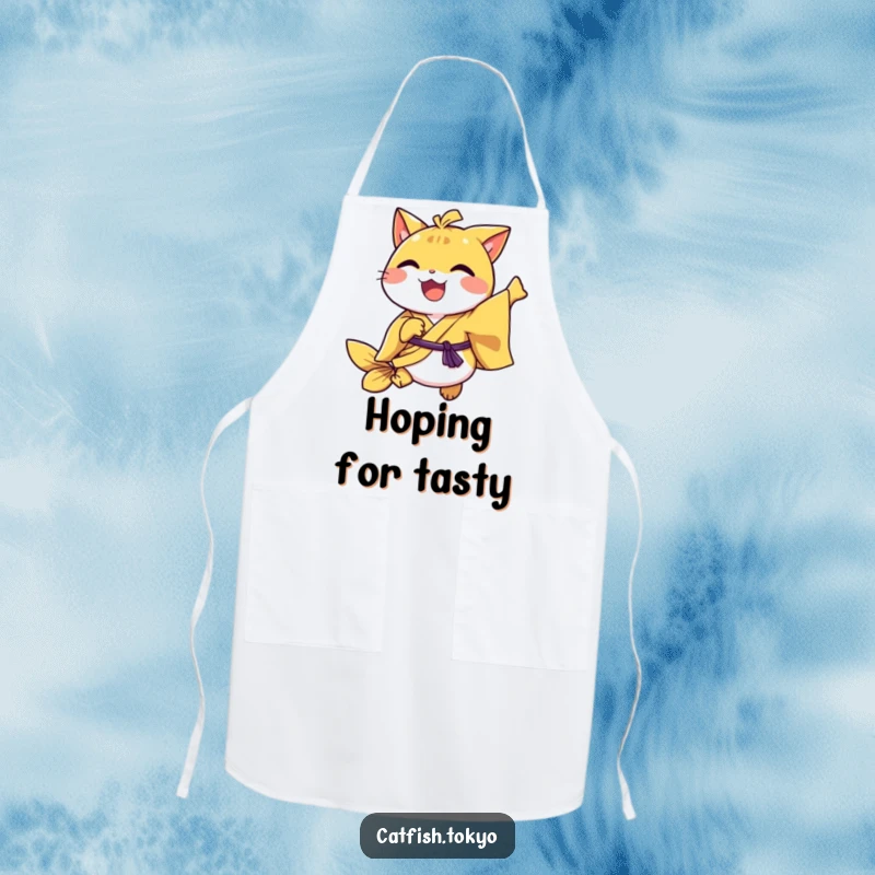 Funny Yellow Kimono Catfish Apron, joyfully hopping while cooking, adding fun to kitchen attire.