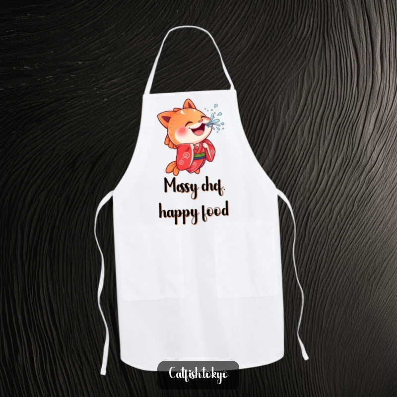 Funny Catfish Apron: A cheerful catfish in a red kimono playfully splashes water, ensuring a fun and humorous cooking experience.
