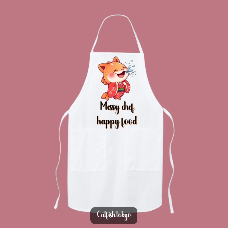 Funny Cheerful Catfish Apron: Red Kimono Splash, Kitchen Fun, Hilarious Gift!