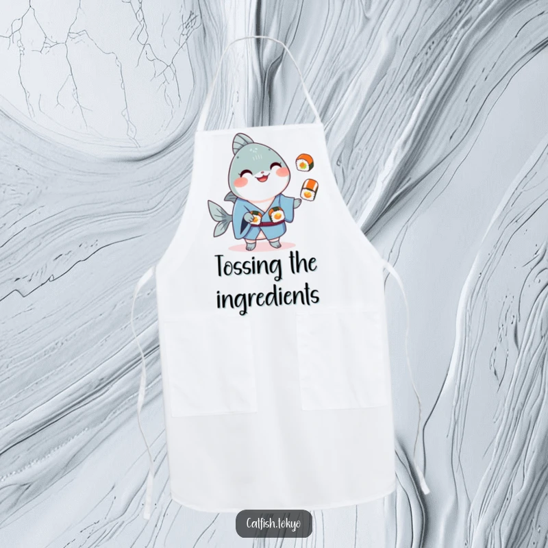 Funny Blue Kimono Catfish Apron, smiling while skillfully juggling sushi, great for chefs and foodies.