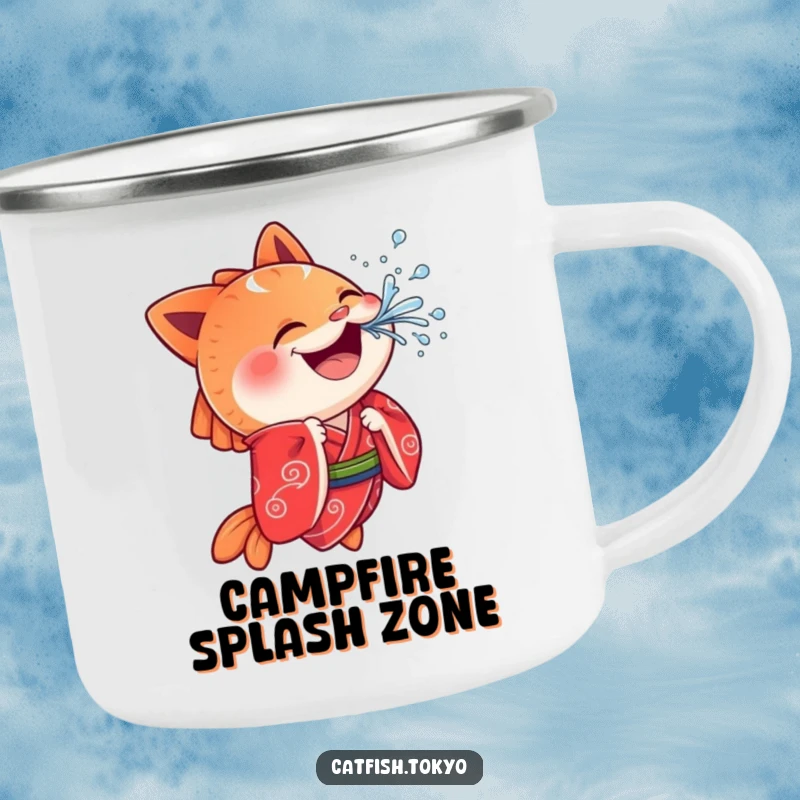 Funny Catfish Camping Mug: A cheerful catfish in a red kimono playfully splashes water, bringing humor to outdoor drinks.