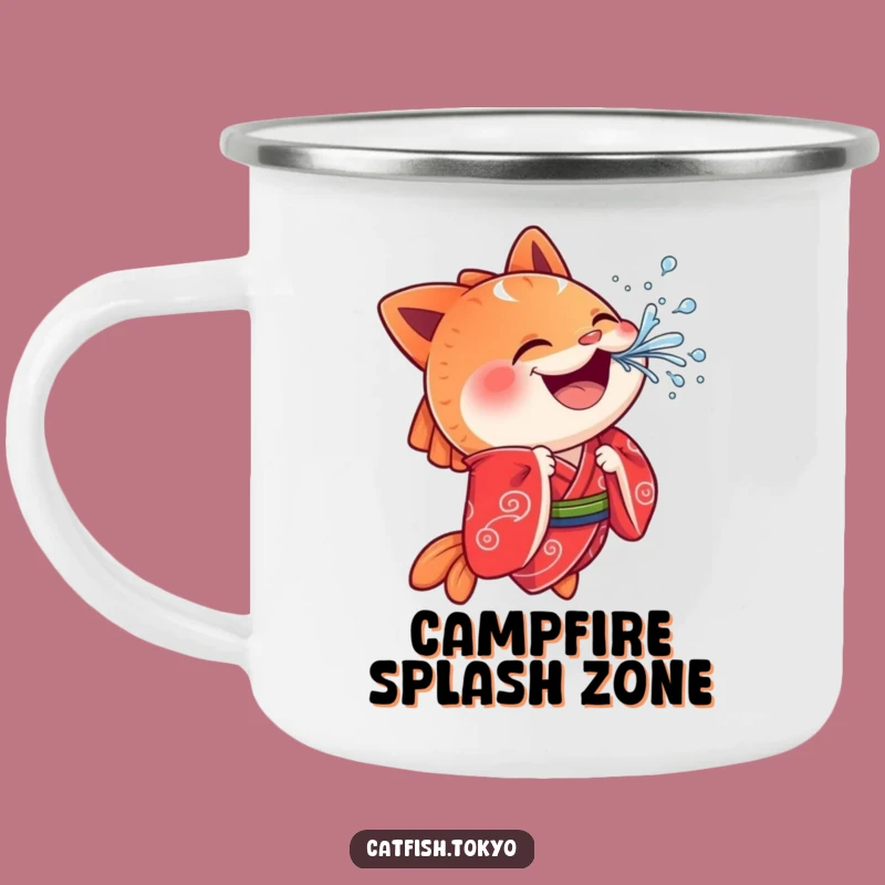 Funny Cheerful Catfish Camping Mug: Red Kimono Splash, Outdoor Fun, Hilarious!