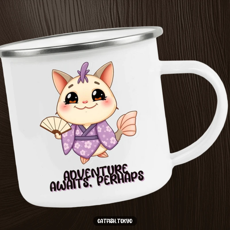Funny Catfish Camping Mug: A grinning catfish in a purple floral kimono holds a fan, perfect for sipping coffee outdoors humorously.