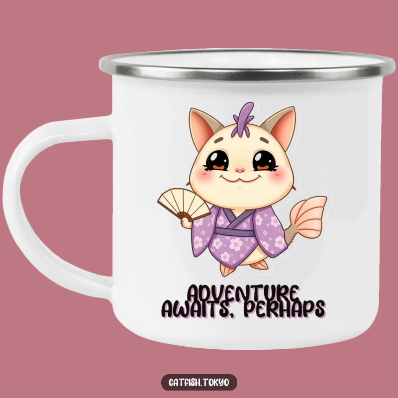 Funny Catfish Kimono Camping Mug: Grinning Fish Adventure, Purple Floral, Outdoor Laughs!