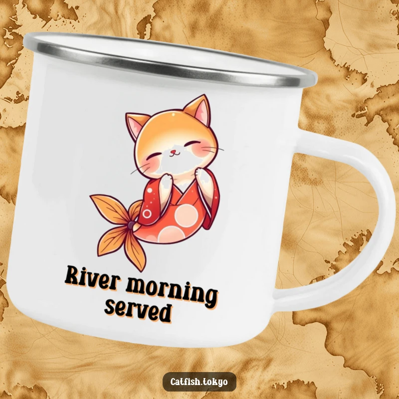 Funny Red Kimono Catfish Camping Mug, captured mid-bow, ready for outdoor brews and humorous moments.