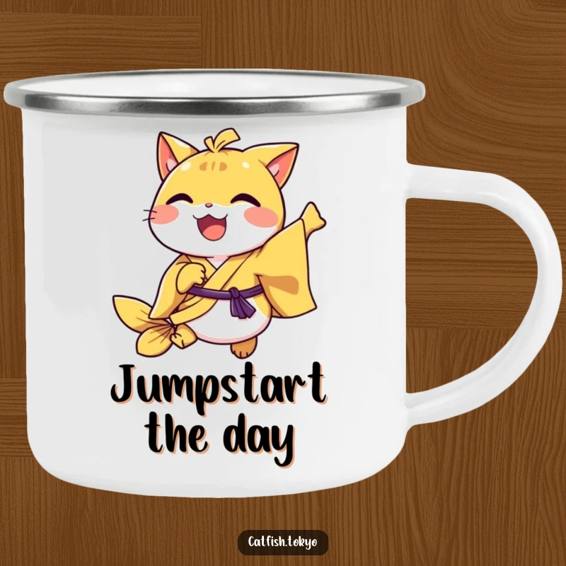 Funny Yellow Kimono Catfish Camping Mug, joyfully hopping, perfect for humorous outdoor brews.