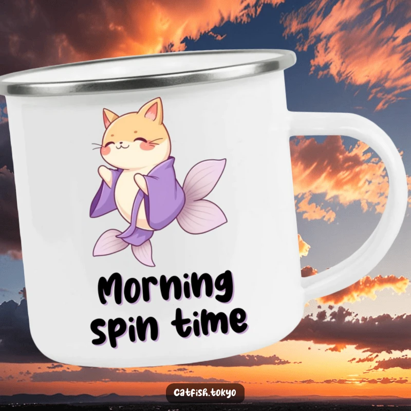 Funny Purple Kimono Catfish Camping Mug, gracefully spinning, perfect for elegant outdoor brews.