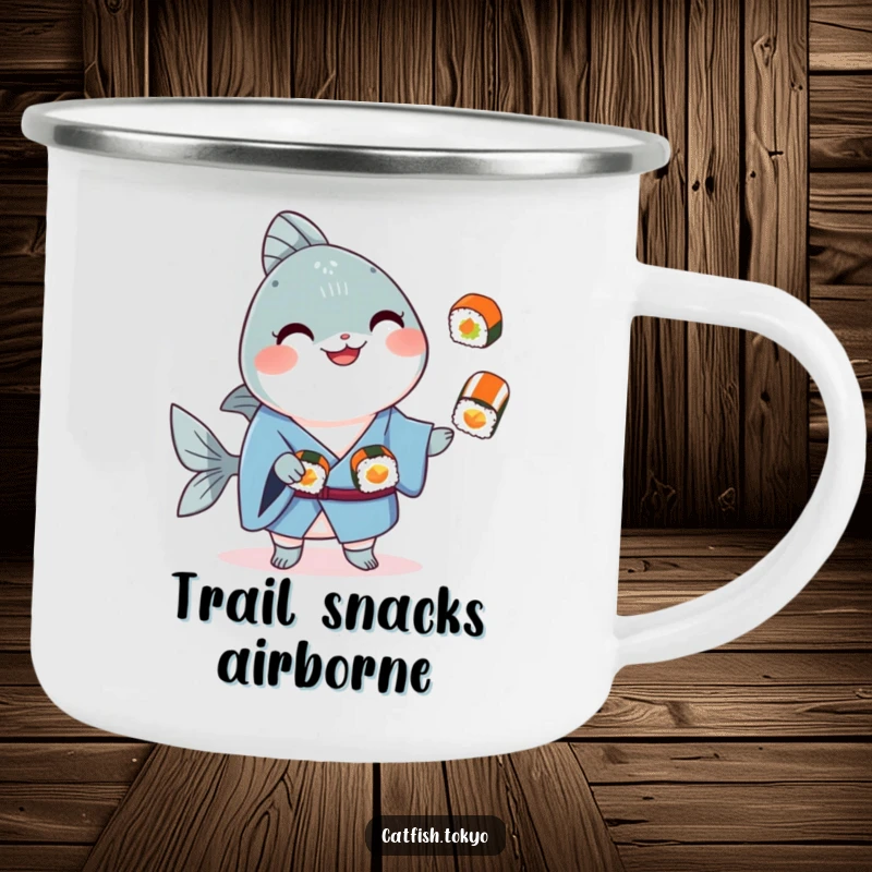 Funny Blue Kimono Catfish Camping Mug, smiling and juggling sushi, perfect for outdoor dining humor.