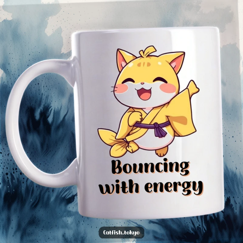Funny Yellow Kimono Catfish Mug, joyfully hopping with a delighted expression, perfect for morning drinks.
