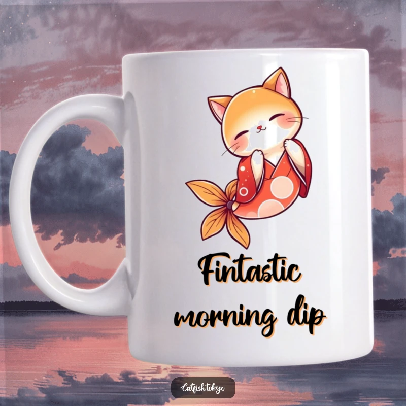 Funny Red Kimono Catfish Mug, gracefully bowing mid-air with a charming smile, perfect for a tea or coffee lover.