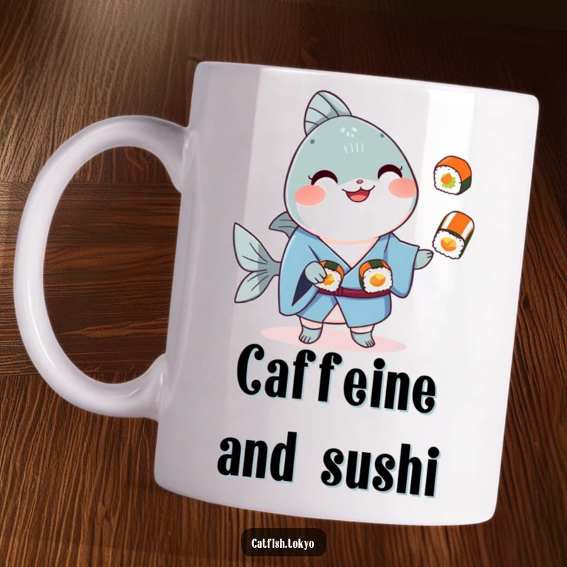 Funny Blue Kimono Catfish Mug, smiling and juggling sushi rolls, perfect for coffee or tea lovers.