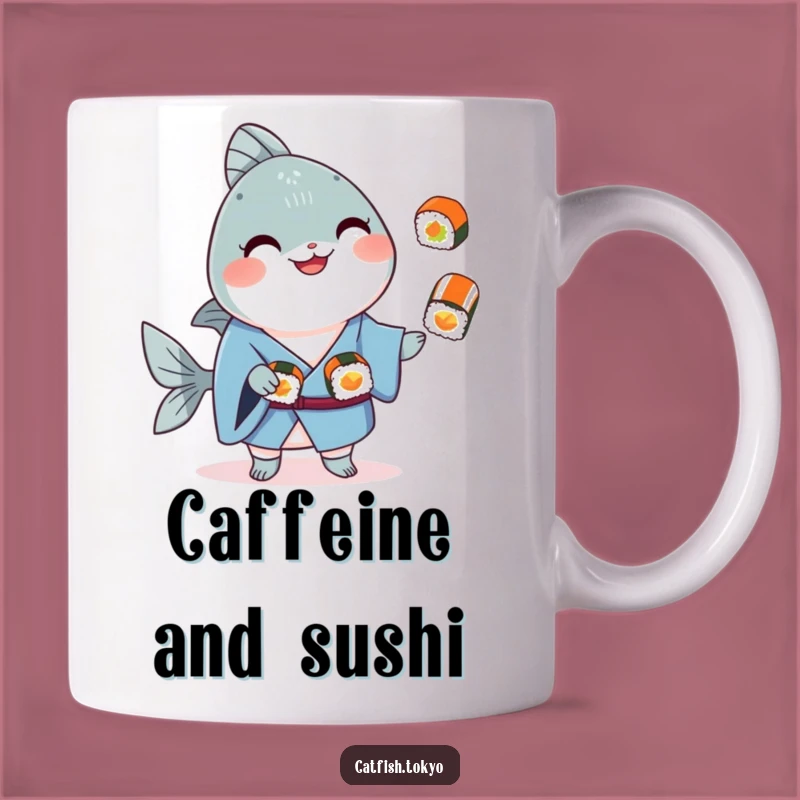 Funny Blue Kimono Catfish Juggling Sushi Mug - Hilarious Foodie Gift for Sushi Lovers