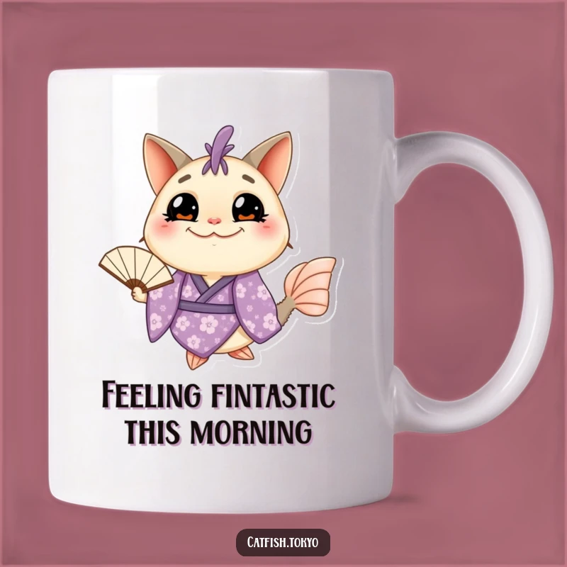 Funny Grinning Catfish Fan Mug: A Whimsical Purple Kimono Ceramic Cup, Perfect Gift!