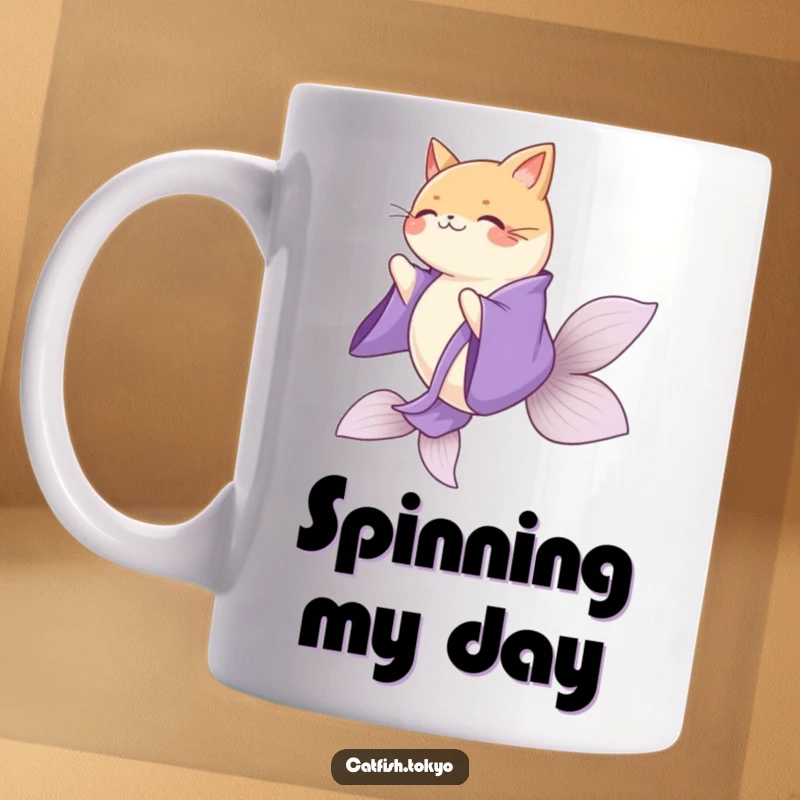 Funny Purple Kimono Catfish Mug, gracefully spinning with flowing elegance, perfect for tea or coffee.