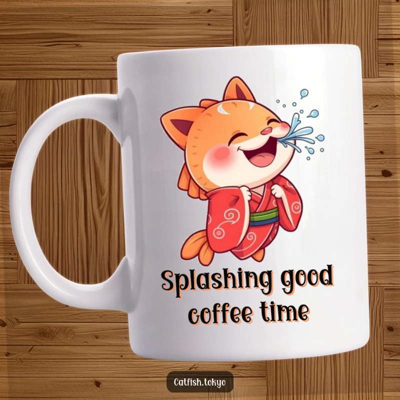 Funny Catfish Mug: A cheerful catfish in a red kimono playfully splashes water, bringing lively humor and aquatic charm.