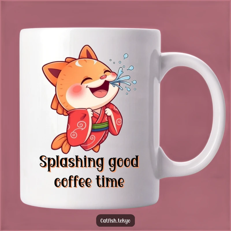 Funny Cheerful Catfish Splashing Mug: Red Kimono Fun, Humorous Aquatic Gift!
