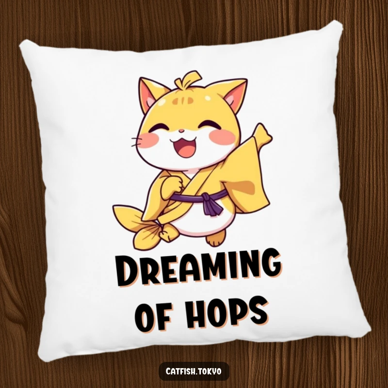 Funny Yellow Kimono Catfish Pillow, joyfully hopping, perfect for adding comfy humor to your home.