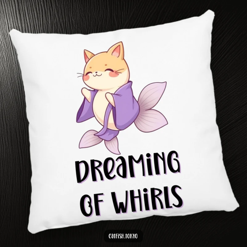 Funny Purple Kimono Catfish Pillow, gracefully spinning, perfect for adding sophisticated humor to furniture.