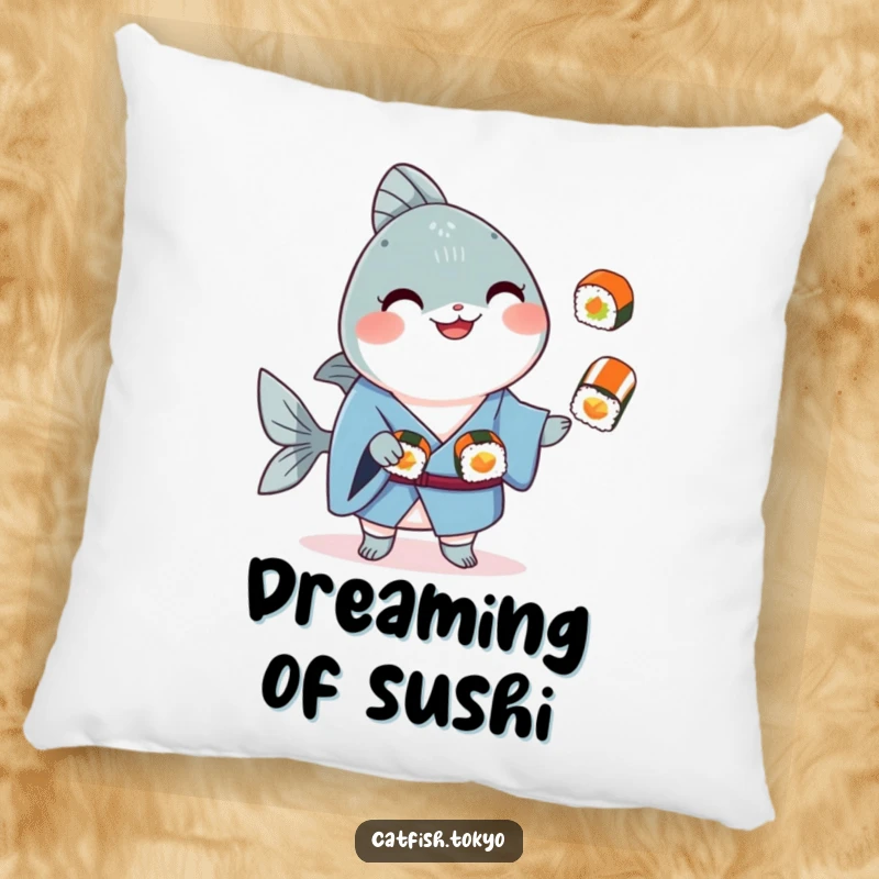 Funny Blue Kimono Catfish Pillow, smiling and juggling sushi, perfect for adding humor to furniture.
