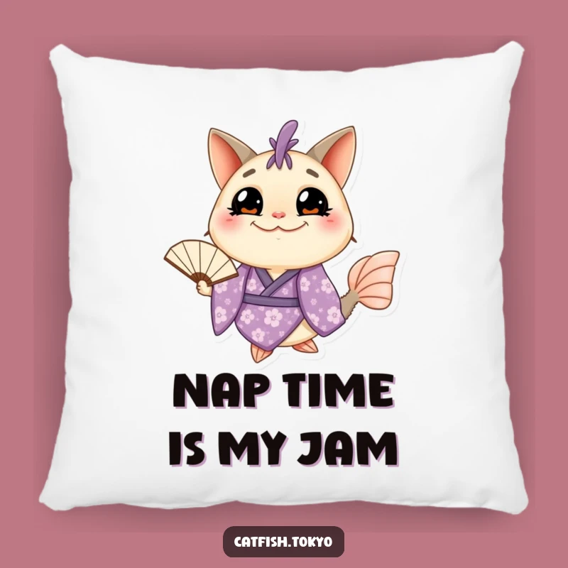Funny Catfish Kimono Pillow: Grinning Fish Comfort, Purple Floral Charm, Hilarious Accent!