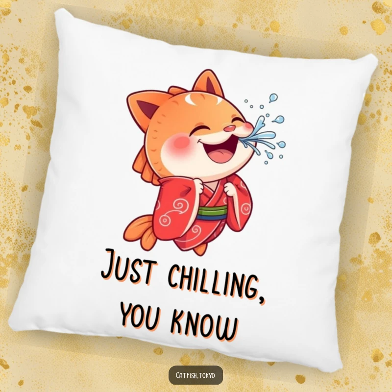 Funny Catfish Pillow: A cheerful catfish in a red kimono playfully splashes water, offering soft comfort and a humorous aquatic theme.