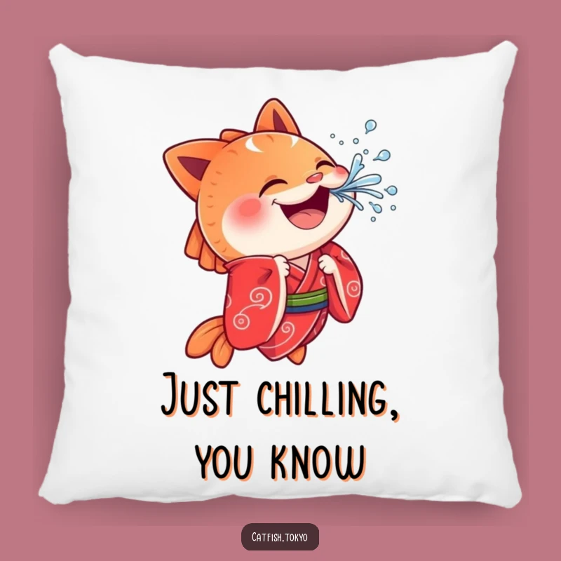Funny Cheerful Catfish Pillow: Red Kimono Splash, Cozy Comfort, Hilarious Accent!