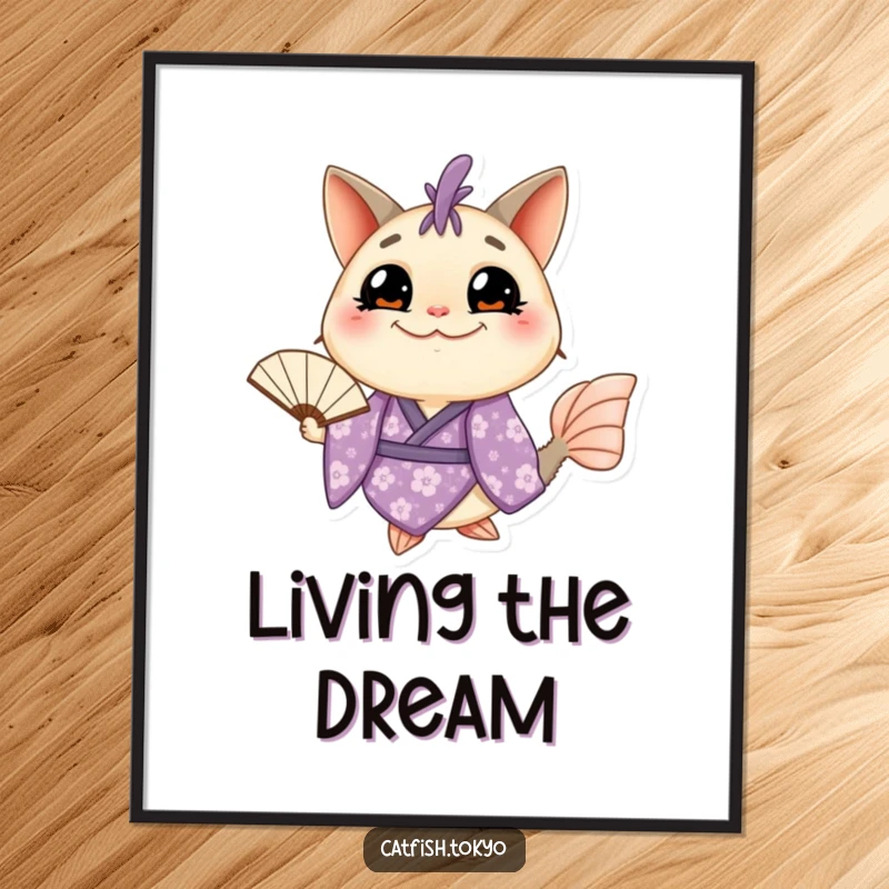 Funny Catfish Digital Art Print: A grinning catfish in a purple floral kimono holds a fan, showcasing whimsical and humorous illustration.