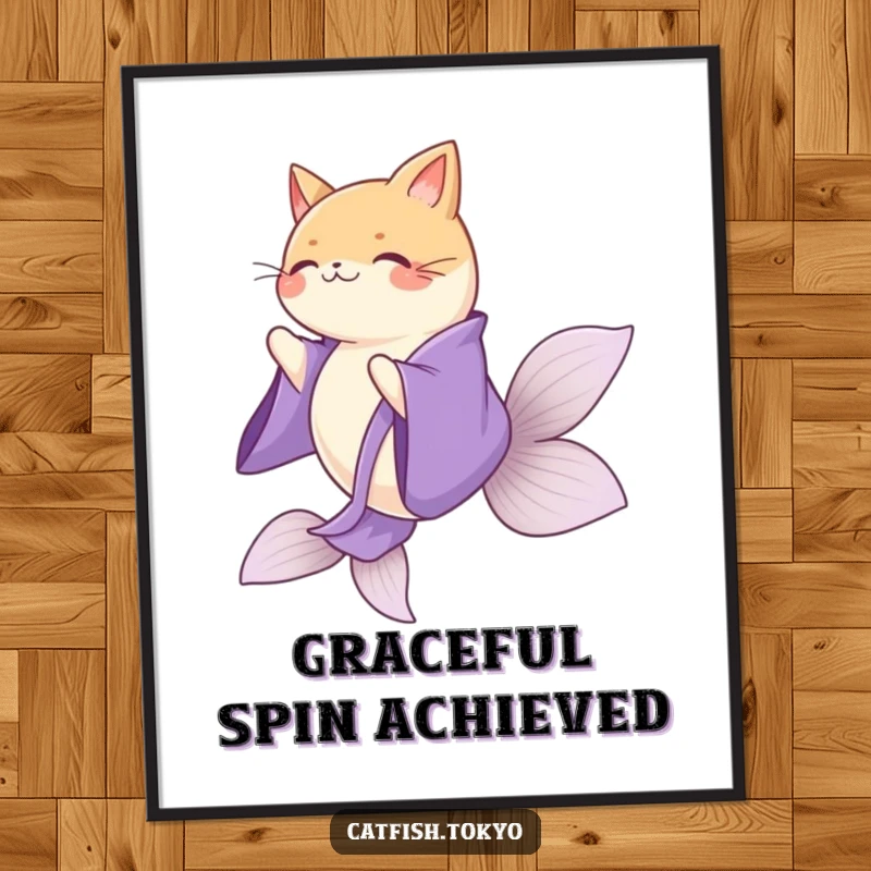 Funny Purple Kimono Catfish Digital Art Print, gracefully spinning, ideal for elegant and humorous wall decor.