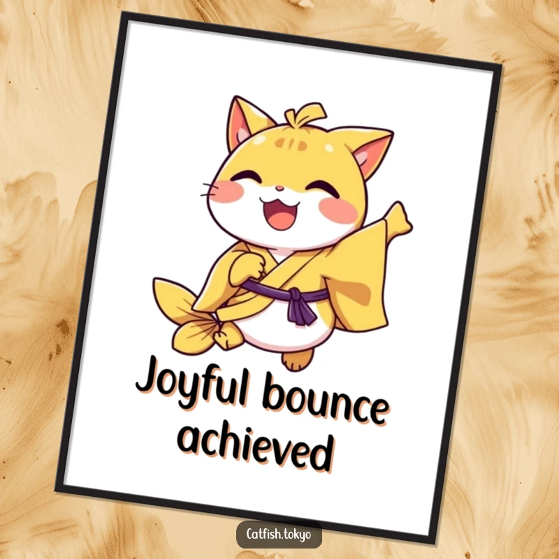 Funny Yellow Kimono Catfish Digital Art Print, joyfully hopping, ideal for bringing vibrant and humorous decor.