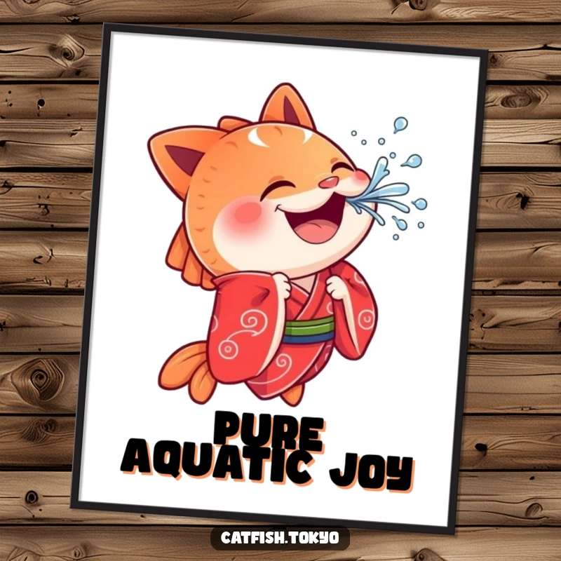 Funny Catfish Digital Art Print: A cheerful catfish in a red kimono playfully splashes water, creating a dynamic and humorous artwork.
