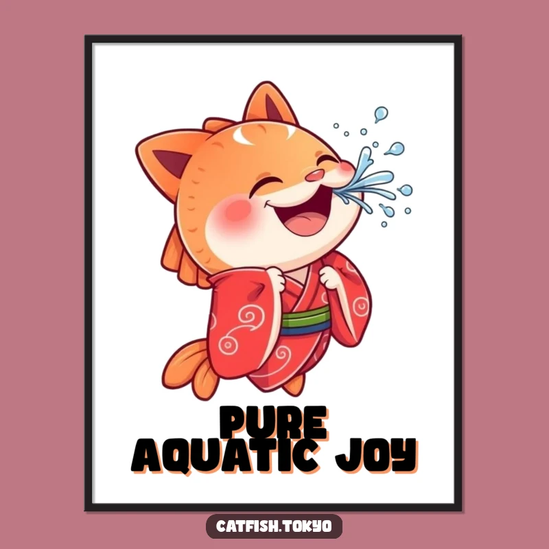 Funny Cheerful Catfish Digital Print: Red Kimono Splash, Playful Art, Instant Joy!