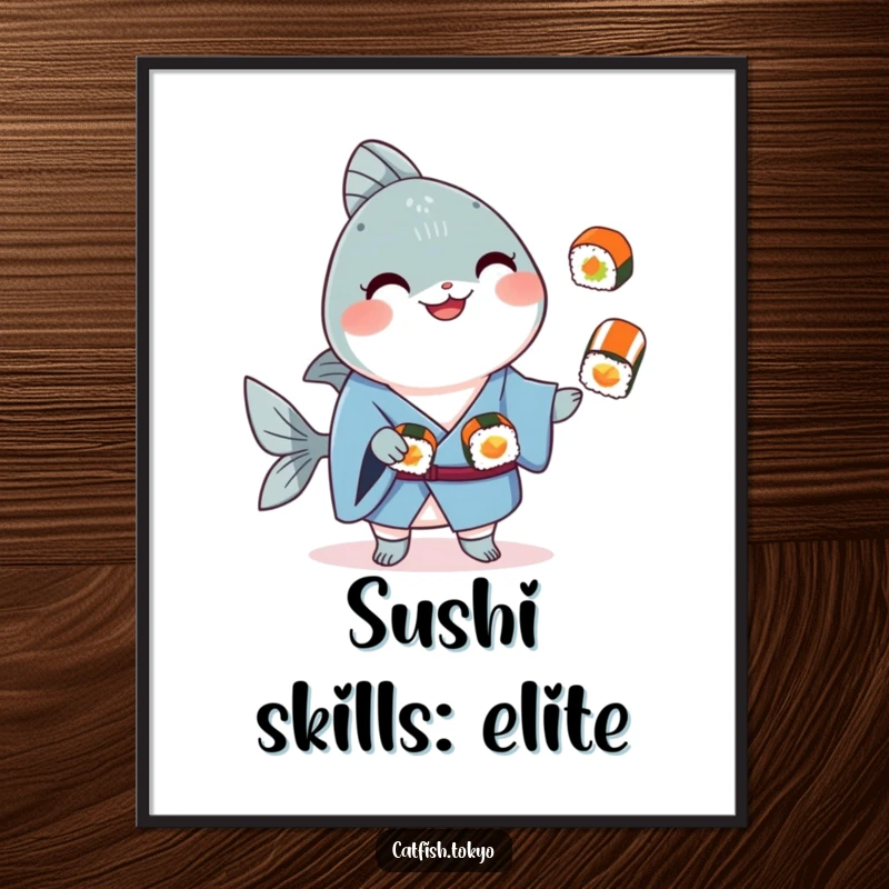 Funny Blue Kimono Catfish Digital Art Print, smiling and juggling sushi, ideal for humorous wall art.