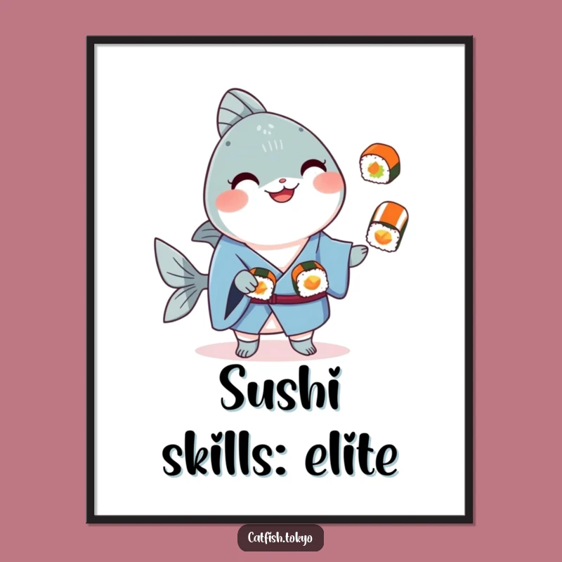 Funny Blue Kimono Catfish Sushi Juggling Digital Art Print - Hilarious Decor Gift