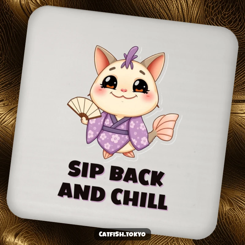 Funny Catfish Coaster: A grinning catfish in a purple floral kimono holds a fan, guarding surfaces with humor and style.