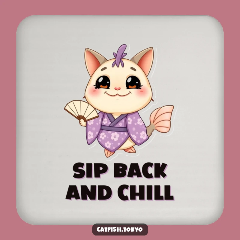 Funny Catfish Kimono Coaster Set: Grinning Fish Protection, Purple Floral Style, Hilarious!