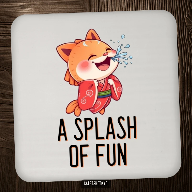 Funny Catfish Coaster: A cheerful catfish in a red kimono playfully splashes water, offering humorous surface protection.