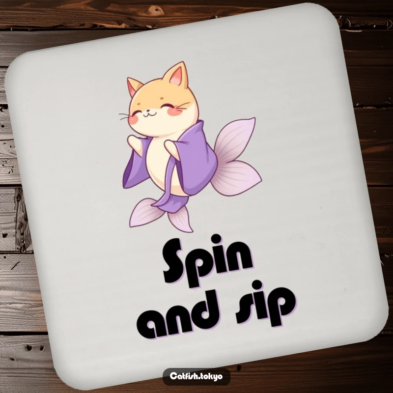 Funny Purple Kimono Catfish Drink Coaster, gracefully spinning, providing elegant humorous protection.