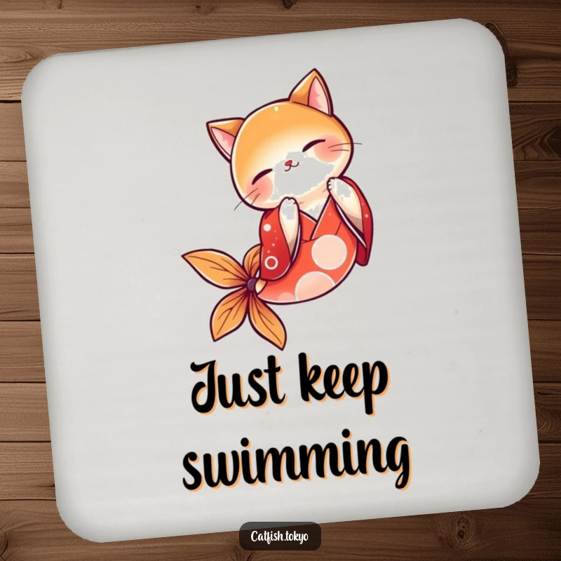 Funny Red Kimono Catfish Drink Coaster, humorously bowing mid-air, protecting surfaces with aquatic charm.