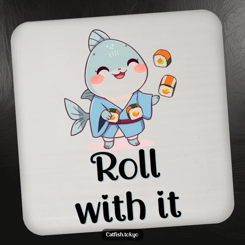 Funny Blue Kimono Catfish Drink Coaster, smiling and juggling sushi, offering humorous surface protection.