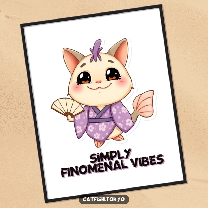 Funny Catfish Poster: A grinning catfish in a purple floral kimono holds a fan, bringing artistic humor and charm to your wall decor.