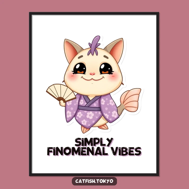 Funny Catfish Kimono Poster: Grinning Fish Art, Purple Floral Whimsy, Hilarious Decor!