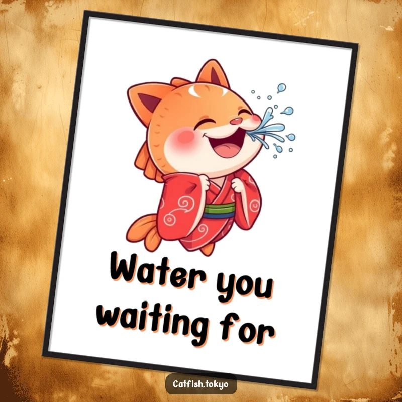 Funny Catfish Poster: A cheerful catfish in a red kimono playfully splashes water, creating a dynamic and humorous piece of art.