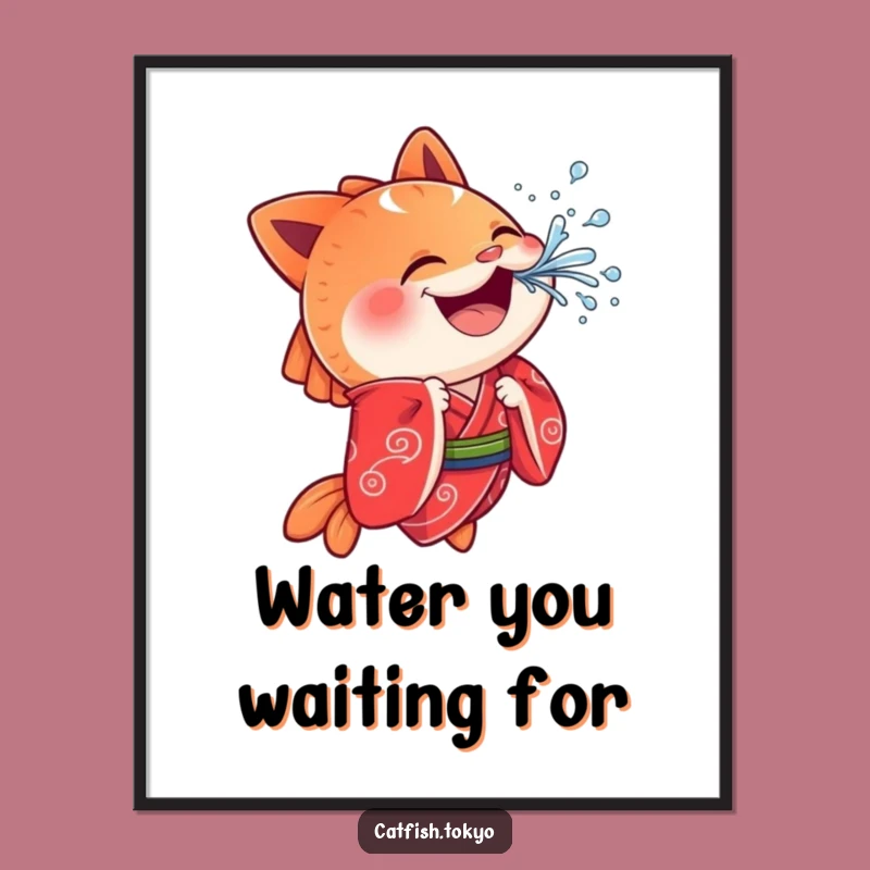 Funny Cheerful Catfish Poster: Red Kimono Splash Art, Playful Decor, Hilarious!