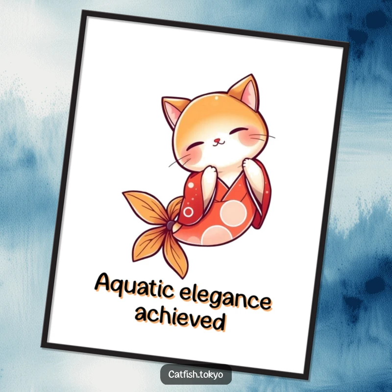 Funny Red Kimono Catfish Poster, illustrating a charming fish mid-bow, bringing artistic humor to your walls.