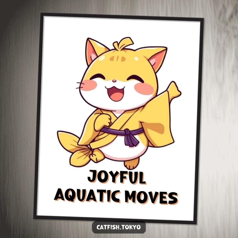 Funny Yellow Kimono Catfish Poster, joyfully hopping mid-air, bringing vibrant energy and humor to walls.