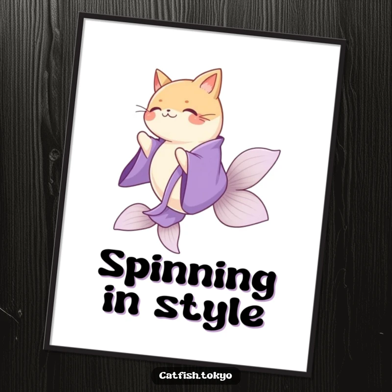 Funny Purple Kimono Catfish Poster, gracefully spinning with flowing kimono, ideal for elegant wall art.