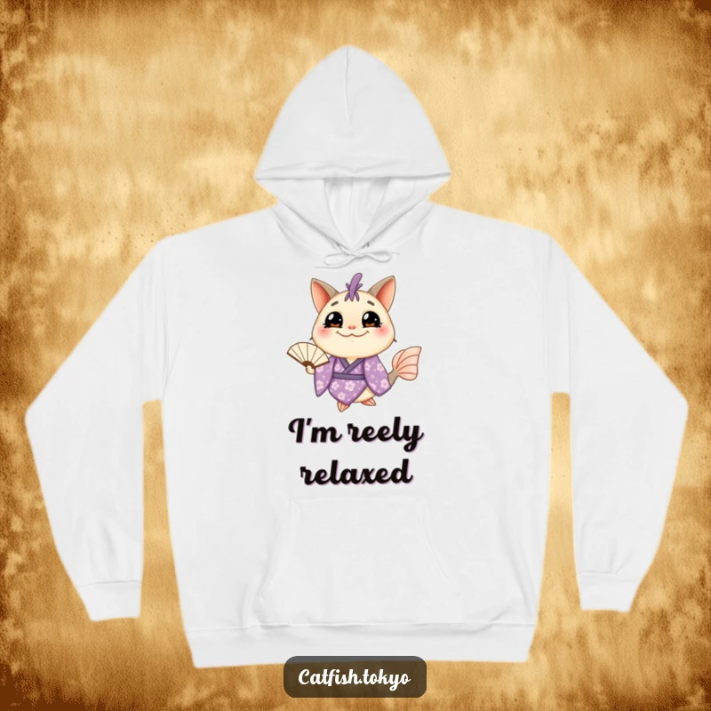 Funny Catfish Hoodie: A grinning catfish in a purple floral kimono holds a fan, offering cozy warmth and a humorous design.