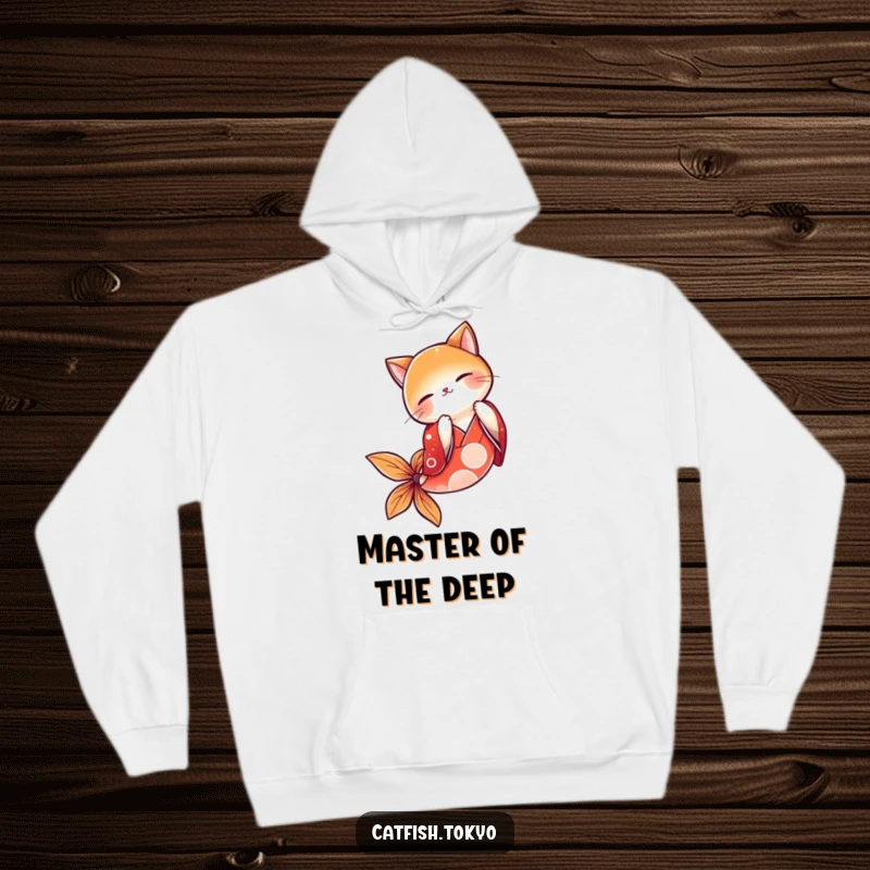 Funny Red Kimono Catfish Hoodie, depicted mid-bow with grace, offering warmth and humor for chilly days.